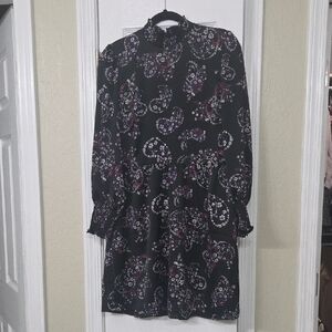 LOFT Black and Purple Paisley Long Sleeve Dress